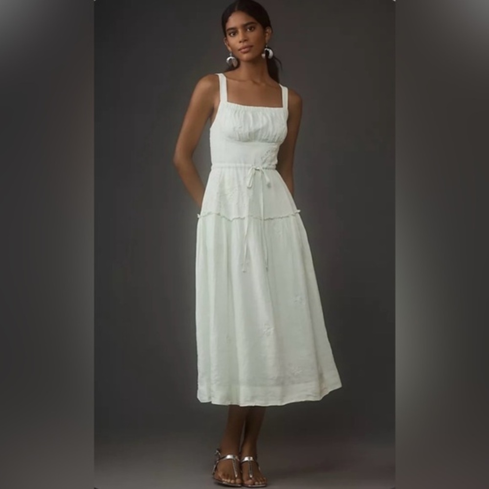 By Anthropologie Square-Neck Linen Midi Dress Green Size Small Eyelet Smocked